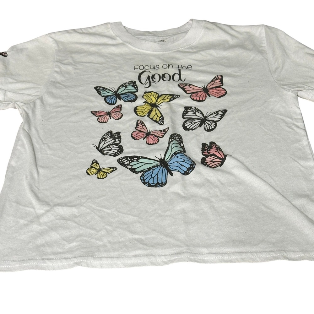 Nicola Bee Juniors S White Butterfly Graphic T‎ Shirt Think Positive Feel Good